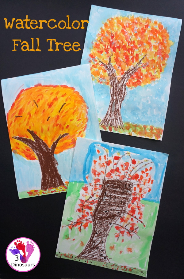 Watercolor Fall Tree - a fun and easy oil pastel and watercolor painting that kids of different ages can do - 3Dinosaurs.com #fall #paintingforkids