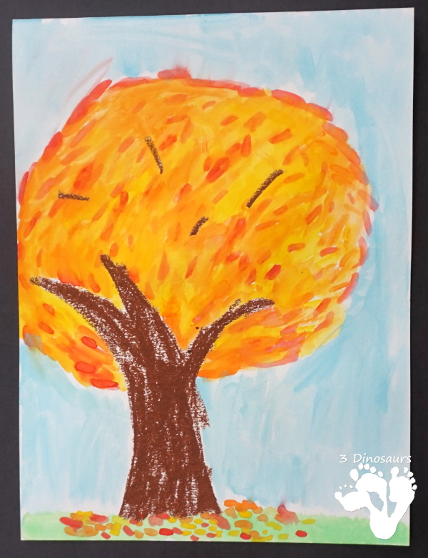 Watercolor Fall Tree - a fun and easy oil pastel and watercolor painting that kids of different ages can do - 3Dinosaurs.com #fall #paintingforkids