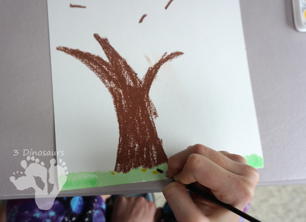 Watercolor Fall Tree - a fun and easy oil pastel and watercolor painting that kids of different ages can do - 3Dinosaurs.com #fall #paintingforkids