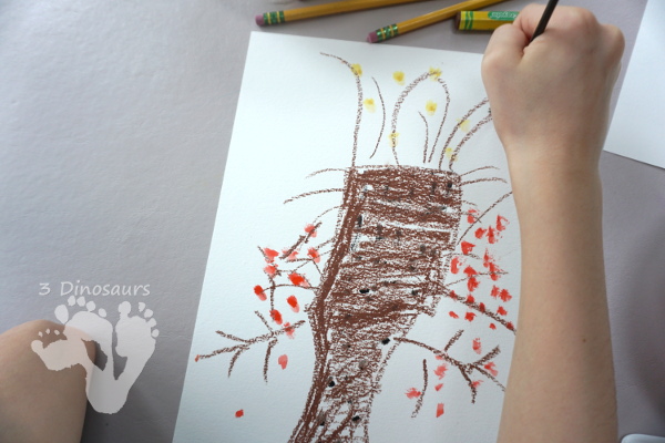 Watercolor Fall Tree - a fun and easy oil pastel and watercolor painting that kids of different ages can do - 3Dinosaurs.com #fall #paintingforkids