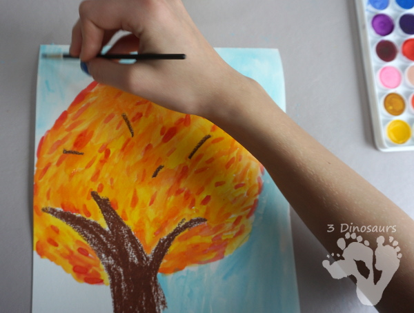 Watercolor Fall Tree - a fun and easy oil pastel and watercolor painting that kids of different ages can do - 3Dinosaurs.com #fall #paintingforkids