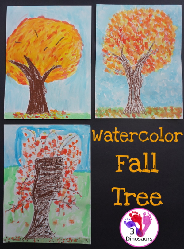 Watercolor Fall Tree - a fun and easy oil pastel and watercolor painting that kids of different ages can do - 3Dinosaurs.com #fall #paintingforkids