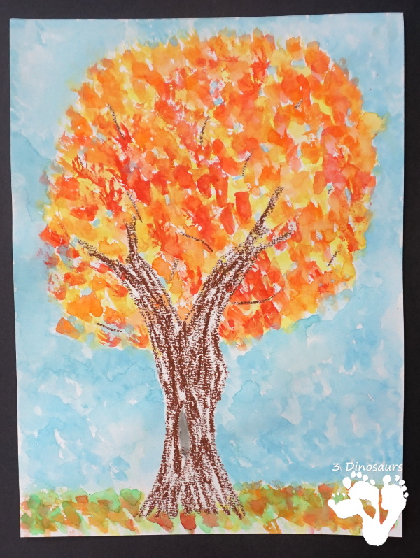 Watercolor Fall Tree - a fun and easy oil pastel and watercolor painting that kids of different ages can do - 3Dinosaurs.com #fall #paintingforkids