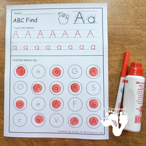 ABC Uppercase & Lowercase Letter Find Printable with tracing - it has all 26 letters of the alphabet and is great no-prep printable with letter find and tracing letters - 3Dinosaurs.com