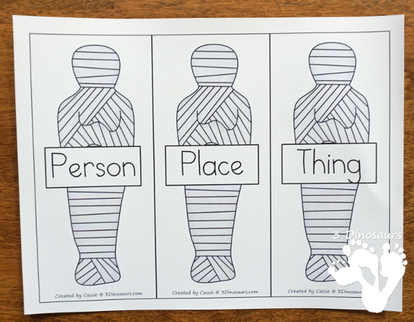 Free Mummy Sorting Nouns: Person, Place, or Thing Noun with Mummies In the Morning - a fun way to learn with words from the book. You read the book and then sort some of the words from the book with a writing idea for kids to use - 3Dinosaurs.com