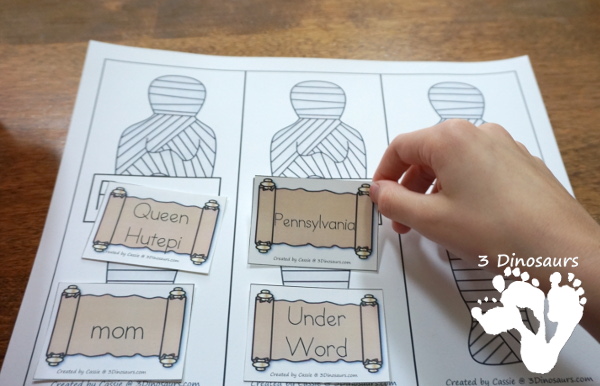 Mummy Sorting Person, Place, or Things with Mummies In the Morning - a fun way to learn with words from the book. You read the book and then sort some of the words from the book with a writing idea for kids to use - 3Dinosaurs.com