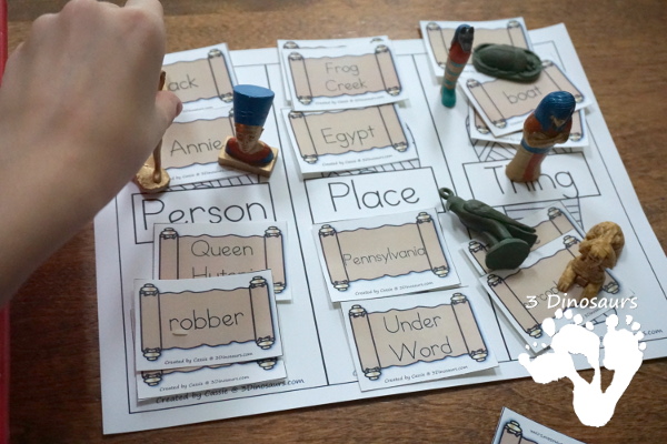 Mummy Sorting Person, Place, or Things with Mummies In the Morning - a fun way to learn with words from the book. You read the book and then sort some of the words from the book with a writing idea for kids to use - 3Dinosaurs.com