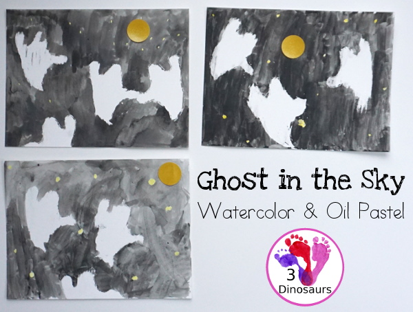 Ghosts In the Sky Oil Pastel & Watercolor - a fun Halloween Themed watercolor and oil pastels for an easy painting activity. - 3Dinosaurs.com