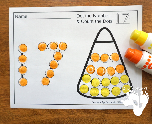 Halloween Themed Dot the Number & Count the Dot: Candy Corn, Spider Webs and Crescent Moon - numbers 0 to 20 with dot marker activities for kids to work on numbers and counting with Halloween themes - 3Dinosaurs.com