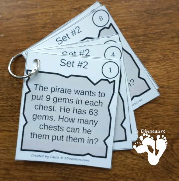 Free Pirate Treasure Division Sorting Task Cards - 2 sets of cards with a recording sheet and sorting mat for hands-on learning - 3Dinosaurs.com #printablesforkids  #freeprintable #3dinosaurs #piratesforkids #division #magictreehouse