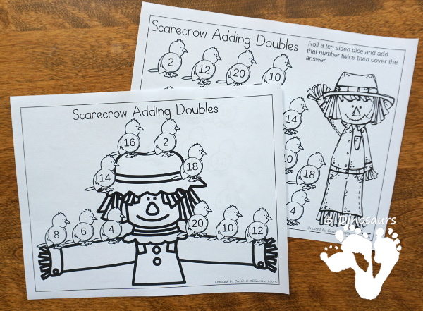 Free Scarecrow Adding Doubles Mini Set - fun way to work on adding doubles from 1 to 10 with a mix of matching cards, no-prep cover mats and hands-on adding mat for first grade - 3Dinosaurs.com