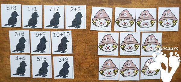 Free Scarecrow Adding Doubles Mini Set - fun way to work on adding doubles from 1 to 10 with a mix of matching cards, no-prep cover mats and hands-on adding mat for first grade - 3Dinosaurs.com