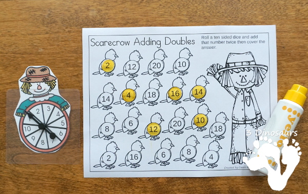 Free Scarecrow Adding Doubles Mini Set - fun way to work on adding doubles from 1 to 10 with a mix of matching cards, no-prep cover mats and hands-on adding mat for first grade - 3Dinosaurs.com