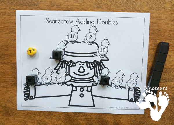 Free Scarecrow Adding Doubles Mini Set - fun way to work on adding doubles from 1 to 10 with a mix of matching cards, no-prep cover mats and hands-on adding mat for first grade - 3Dinosaurs.com