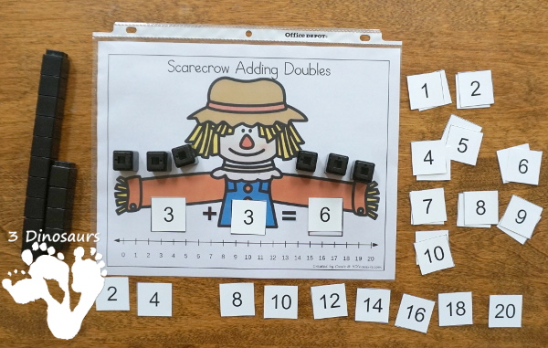 Free Scarecrow Adding Doubles Mini Set - fun way to work on adding doubles from 1 to 10 with a mix of matching cards, no-prep cover mats and hands-on adding mat for first grade - 3Dinosaurs.com