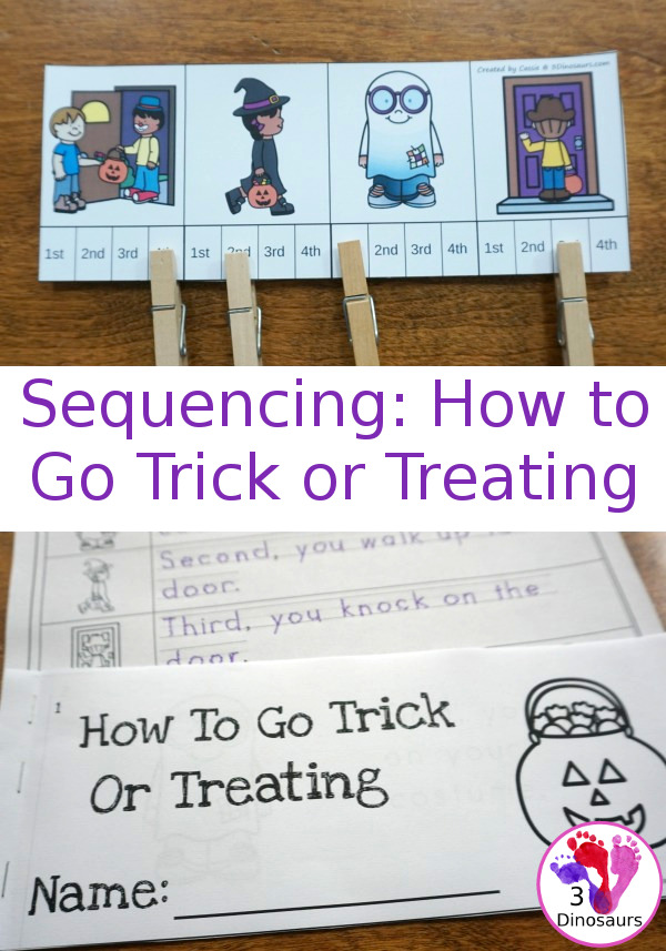 Sequencing: How to Go Trick or Treating with clip cards, task cards, no-prep worksheets and easy reader books $ - 3Dinosaurs.com #printablesforkids #sequencingforkids #halloween #tpt #teacherspayteachers