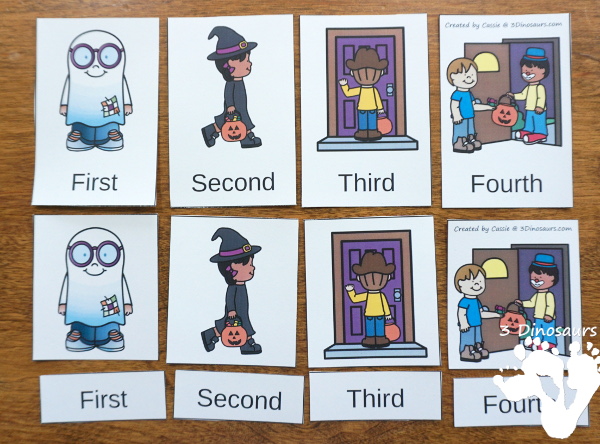 Sequencing: How to Go Trick or Treating with clip cards, task cards, no-prep worksheets and easy reader books $ - 3Dinosaurs.com #printablesforkids #sequencingforkids #halloween #tpt #teacherspayteachers