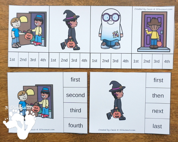 Sequencing: How to Go Trick or Treating with clip cards, task cards, no-prep worksheets and easy reader books $ - 3Dinosaurs.com #printablesforkids #sequencingforkids #halloween #tpt #teacherspayteachers