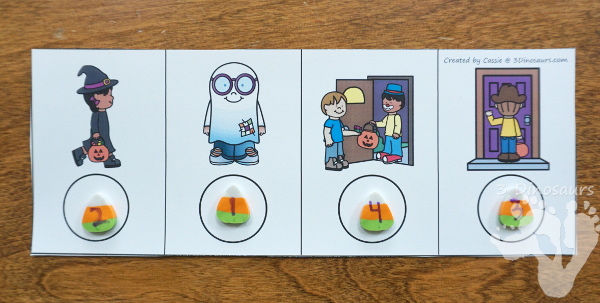 Sequencing: How to Go Trick or Treating with clip cards, task cards, no-prep worksheets and easy reader books $ - 3Dinosaurs.com #printablesforkids #sequencingforkids #halloween #tpt #teacherspayteachers