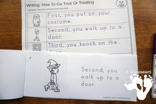 Sequencing: How to Go Trick or Treating with clip cards, task cards, no-prep worksheets and easy reader books $ - 3Dinosaurs.com #printablesforkids #sequencingforkids #halloween #tpt #teacherspayteachers