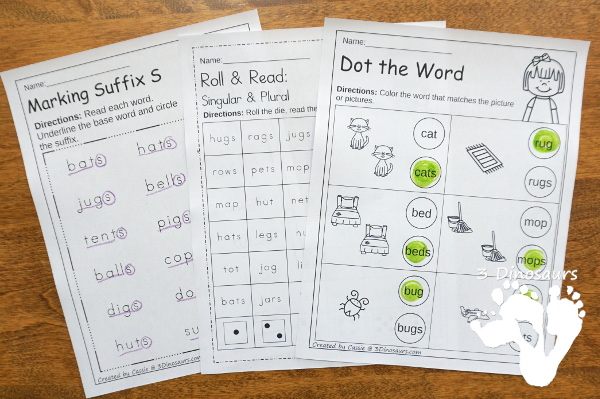 Suffix S Learning Pack - with 43 pages of no-prep printables, puzzles, clip cards and easy reader book all working on suffix s and single and plural  - 3Dinosaurs.com