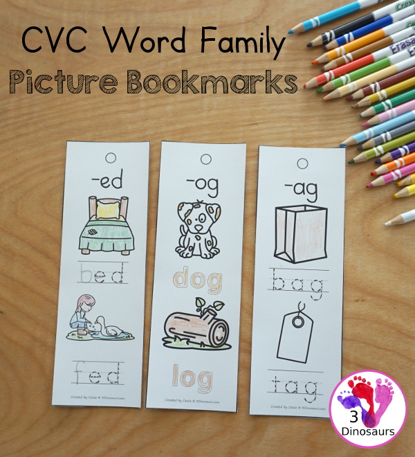 CVC Word Family Picture Bookmarks - these are great bookmarks for the visual learner that needs a little extra help. They are perfect to fit in small kids hands to take with them to learn their CVC words - 3Dinosaurs.com