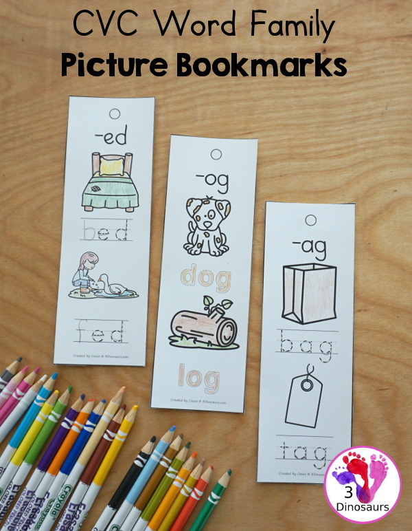 CVC Word Family Picture Bookmarks - these are great bookmarks for the visual learner that needs a little extra help. They are perfect to fit in small kids hands to take with them to learn their CVC words - 3Dinosaurs.com