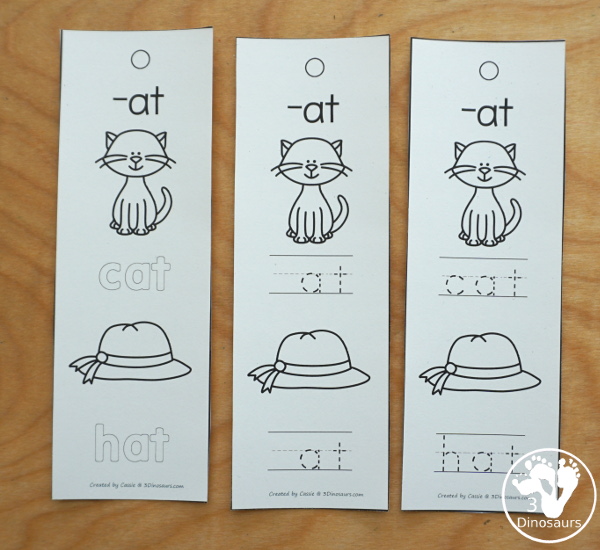CVC Word Family Picture Bookmarks - these are great bookmarks for the visual learner that needs a little extra help. They are perfect to fit in small kids hands to take with them to learn their CVC words - 3Dinosaurs.com
