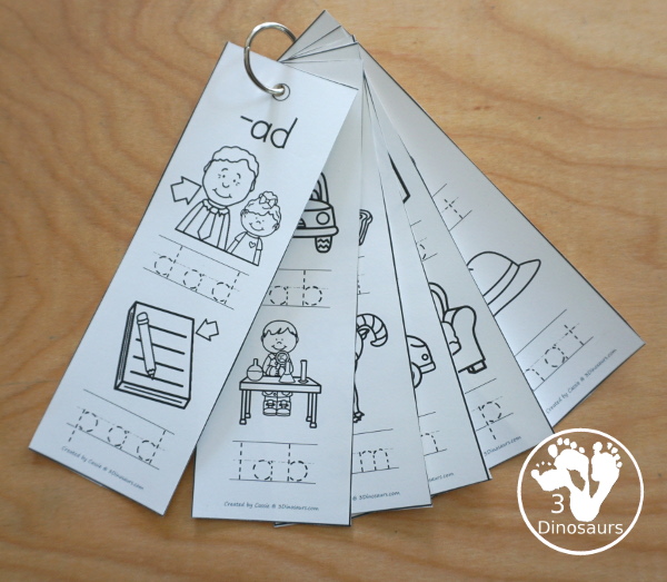 CVC Word Family Picture Bookmarks - these are great bookmarks for the visual learner that needs a little extra help. They are perfect to fit in small kids hands to take with them to learn their CVC words - 3Dinosaurs.com