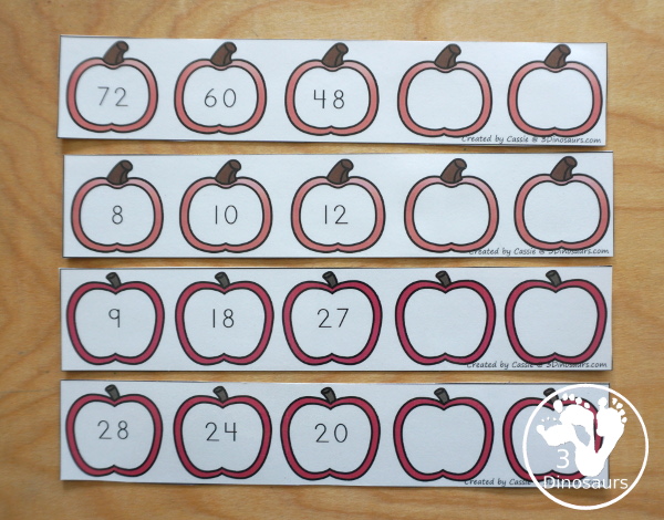Free Fall Themed Skip Counting Strips: Apples & Pumpkins - two sets of skip counting strips for numbers 1 to 12 with two forward and two backward  - 3Dinosaurs.com
