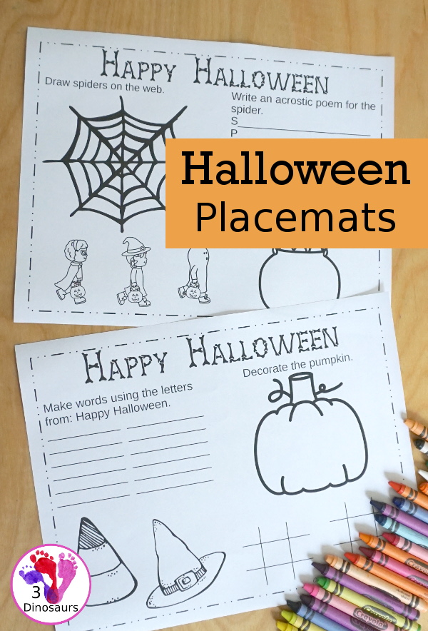 Free Halloween Placemat Printables - 4 fun placemats with different levels of fun for kids to do on Halloween - 3Dinosaurs.com