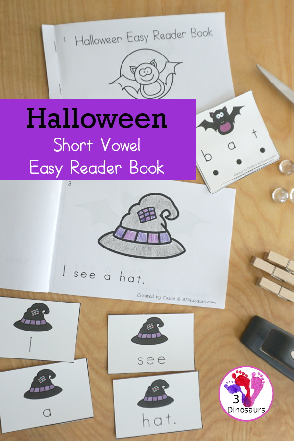 FREE Halloween Easy Reader Book: Short Vowels Words - simple sight word and short vowel words with Halloween themes with sound it out cards and pocket chart sentences - 3Dinosaurs.com