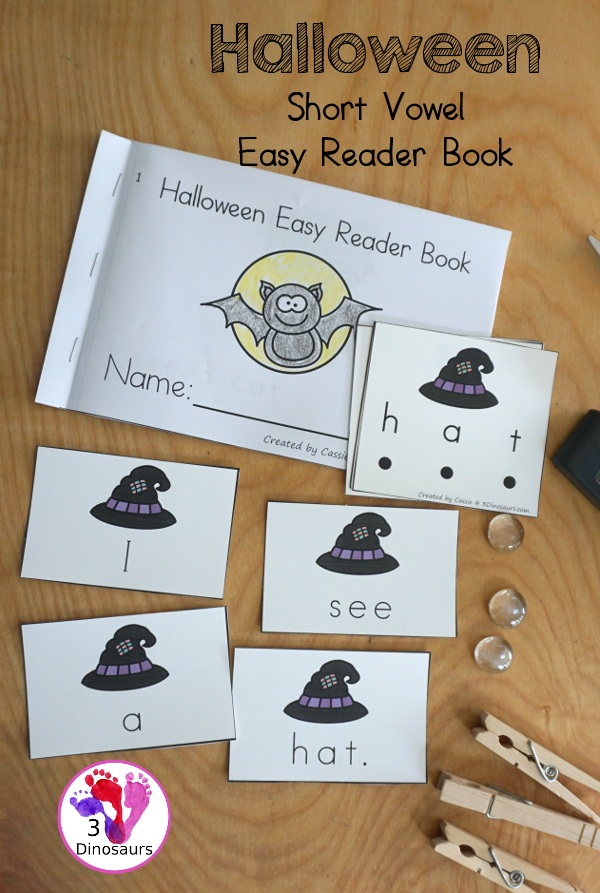 FREE Halloween Easy Reader Book: Short Vowels Words - simple sight word and short vowel words with Halloween themes with sound it out cards and pocket chart sentences - 3Dinosaurs.com