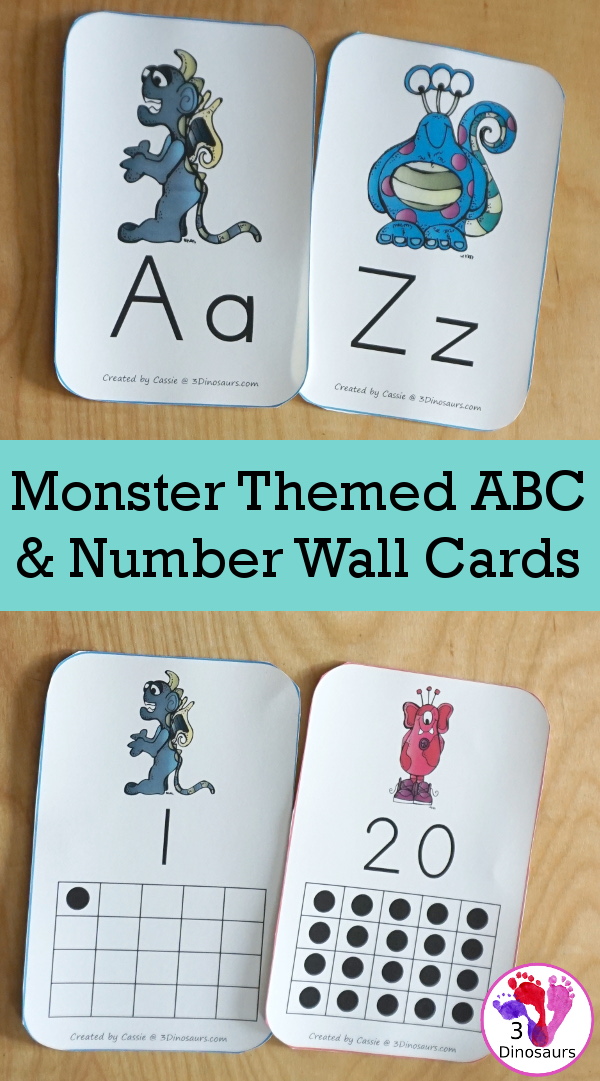 Free Monster ABC & Number Wall Cards - numbers 0 to 20 and all 26 letters of the alphabet - 3Dinosaurs.com