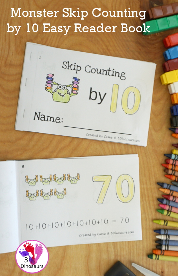 FREE Monsters Skip Counting by 10 Easy Reader Book - a simple easy reader book that helps with skip counting by 10s with fun monster and candy - 3Dinosaurs.com