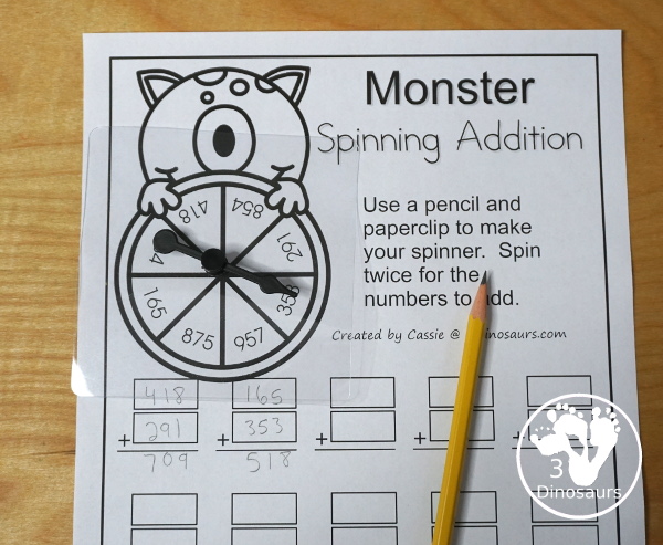 Free Monster Spinning Addition - Easy No-Prep Printable - 3 levels of addition with single digit, double digit and triple digit for kids to work on addition with and without regrouping - 3Dinosaurs.com