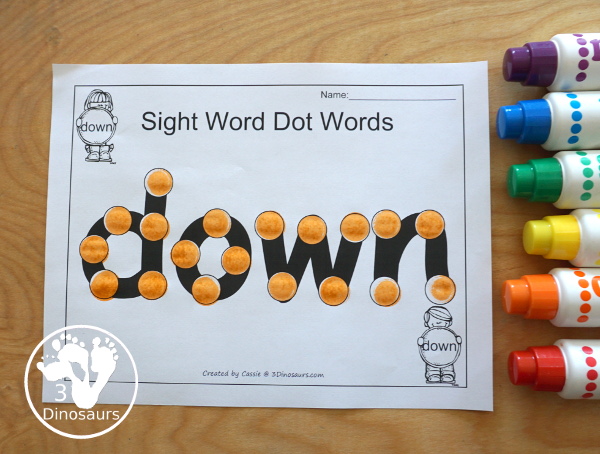 Romping & Roaring Preprimer Sight Words - Sight word dot marker words to work on fine motor skill and spelling the words - 3Dinosaurs.com