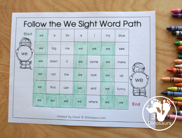 Romping & Roaring Preprimer Sight Words - review page with read, coloring, tracing and finding the correct spelling - 3Dinosaurs.com