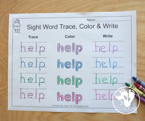 Romping & Roaring Preprimer Sight Words - Sight word trace, color and write with several way to work on learning the words. - 3Dinosaurs.com