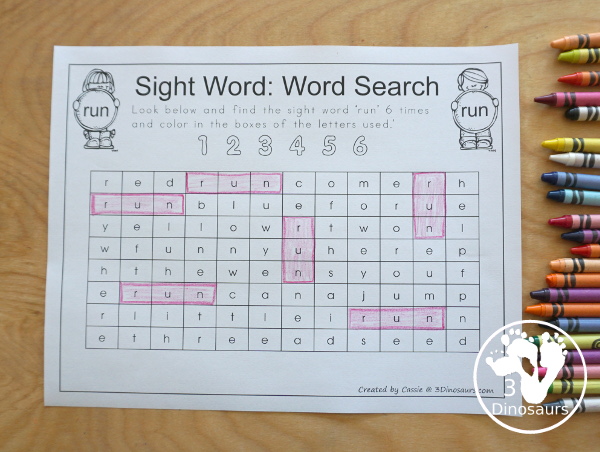 Romping & Roaring Preprimer Sight Words - Word Search with 6 words to find plus all the other letters in the search are from the Preprimer sight word search - 3Dinosaurs.com