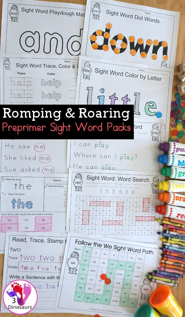 Romping & Roaring Preprimer Sight Words - 10 pages of activities for each all 40 preprimer sight words for easy to use learning centers - 3Dinosaurs.com