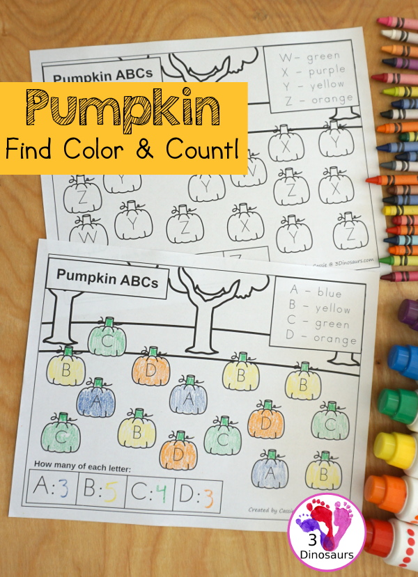 Free No-Prep Pumpkin ABC Color & Count - a fun way to work on ABCs with finding, coloring and counting in an easy no-prep printable with 4 letters per page. - 3Dinosaurs.com