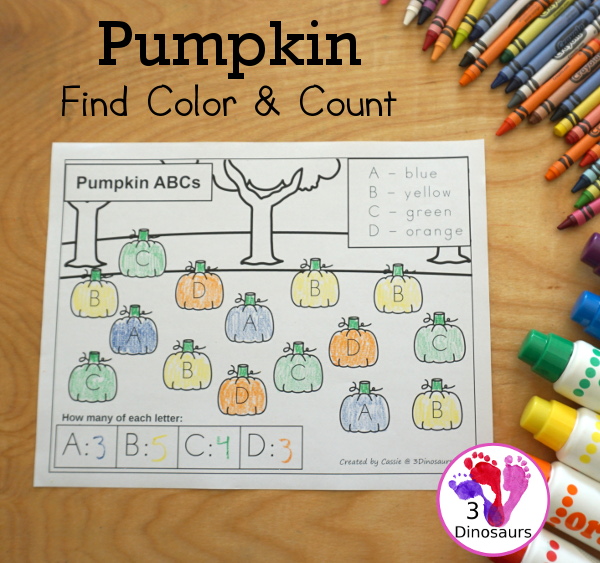 Free No-Prep Pumpkin ABC Color & Count - a fun way to work on ABCs with finding, coloring and counting in an easy no-prep printable with 4 letters per page. - 3Dinosaurs.com