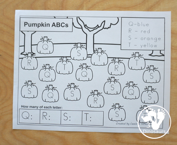 Free No-Prep Pumpkin ABC Color & Count - a fun way to work on ABCs with finding, coloring and counting in an easy no-prep printable with 4 letters per page. - 3Dinosaurs.com