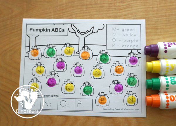 Free No-Prep Pumpkin ABC Color & Count - a fun way to work on ABCs with finding, coloring and counting in an easy no-prep printable with 4 letters per page. - 3Dinosaurs.com