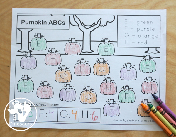 Free No-Prep Pumpkin ABC Color & Count - a fun way to work on ABCs with finding, coloring and counting in an easy no-prep printable with 4 letters per page. - 3Dinosaurs.com