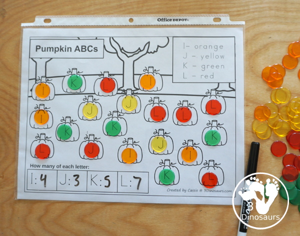 Free No-Prep Pumpkin ABC Color & Count - a fun way to work on ABCs with finding, coloring and counting in an easy no-prep printable with 4 letters per page. - 3Dinosaurs.com