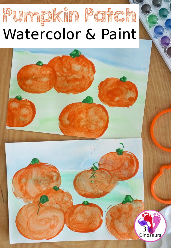 Pumpkin Patch Watercolor and Paint for Kids - is a great mix art project for kids to paint with cookie cutters - 3Dinosaurs.com