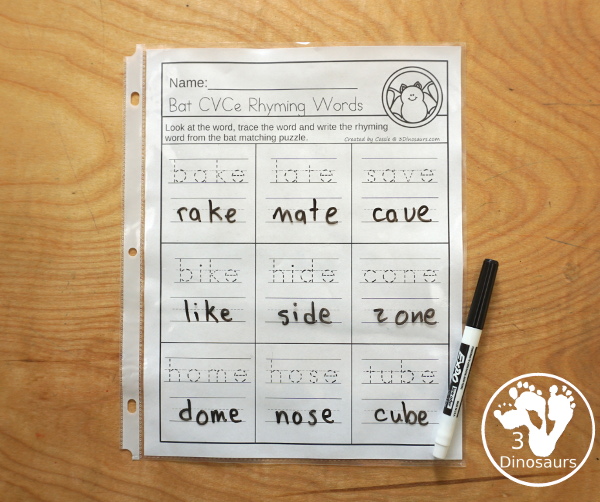 Free Bat Themed Rhyming Matching: CVC, CVCC, & CVCe with 9 matching rhyming cards for CVC word family words, CVCC word family words and CVCe word family words with a matching recording sheet - 3Dinosaurs.com