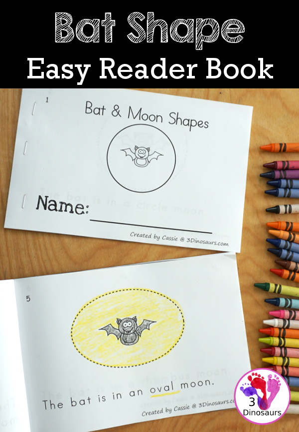 Free Bat & Moon Shape Easy Reader Book - a simple 10 page shape book with 9 shapes for kids to learn with a fun bat and moon theme - 3Dinosaurs.com